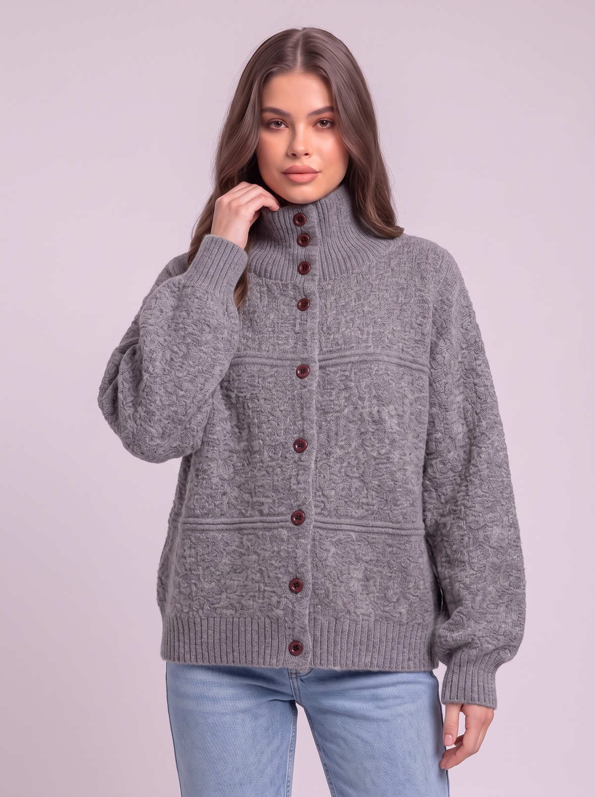 Half-Turtleneck Button Knit Cardigan - Gray - detail