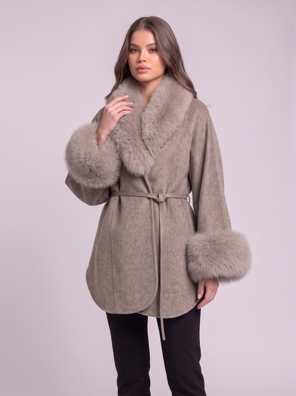 Fur Collar Wool Cape Coat - Gray - detail
