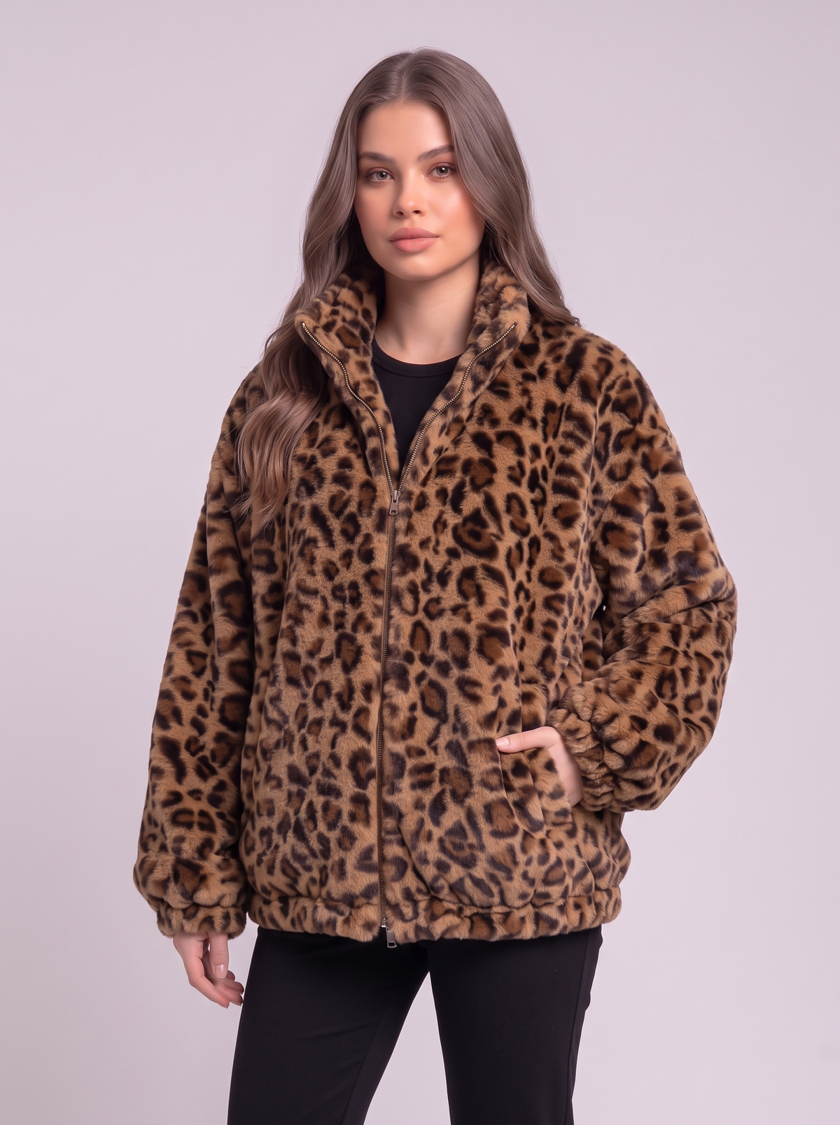 Leopard Faux Fur Zip Jacket - Coffee - detail