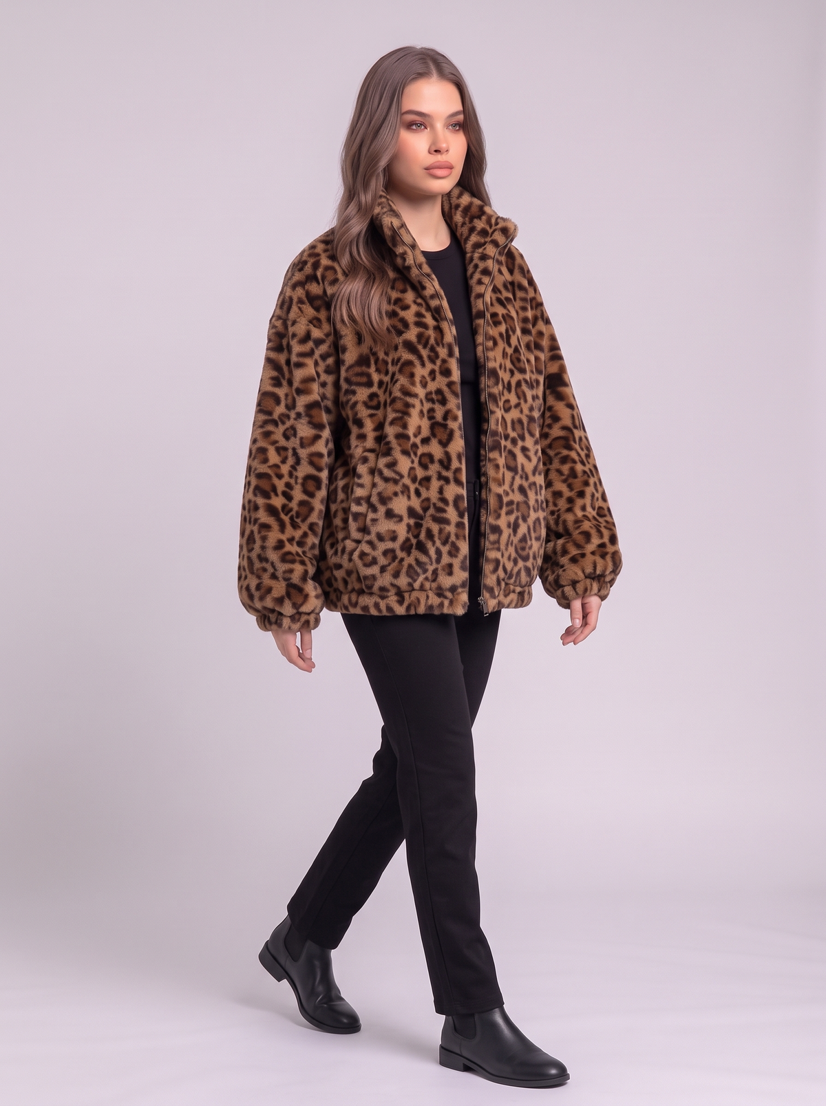 Leopard Faux Fur Zip Jacket - Coffee - side