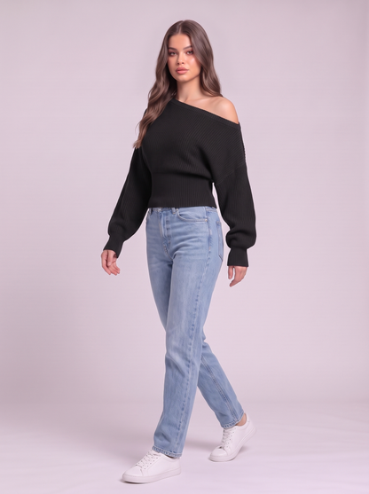 Off-the-Shoulder Cropped Rib Sweater - Black - side