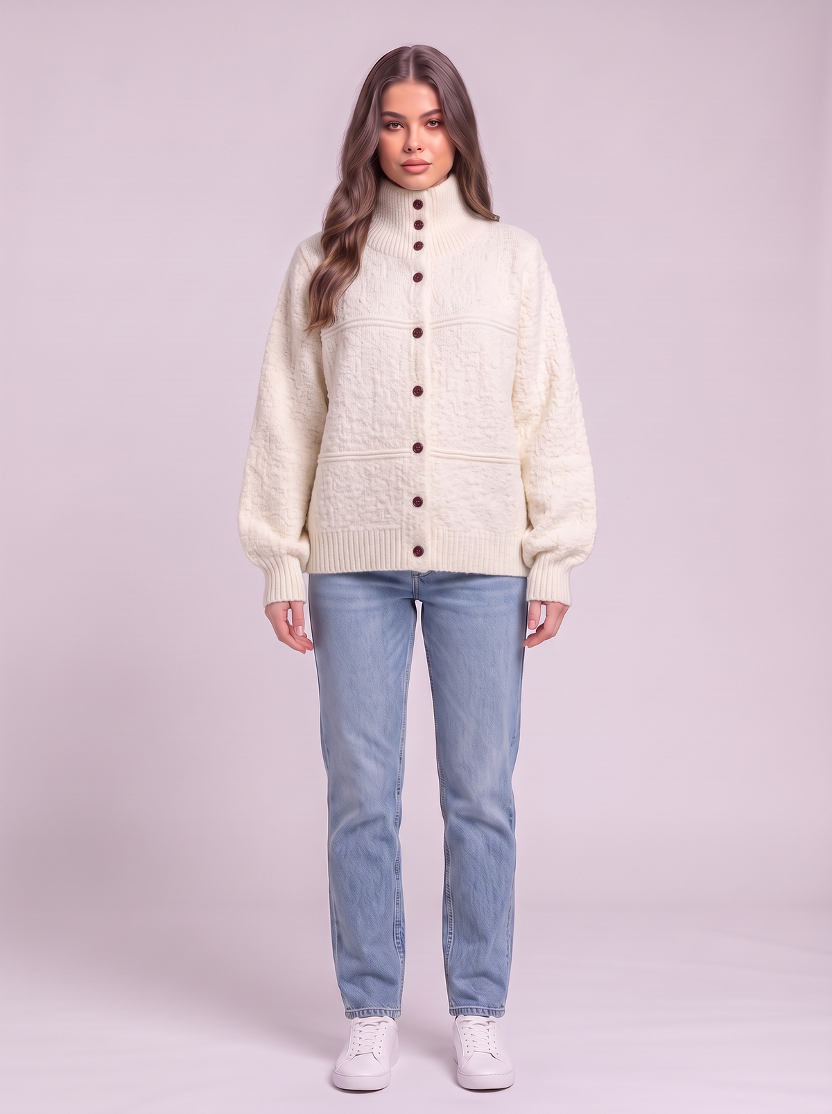 Half-Turtleneck Button Knit Cardigan - Off White