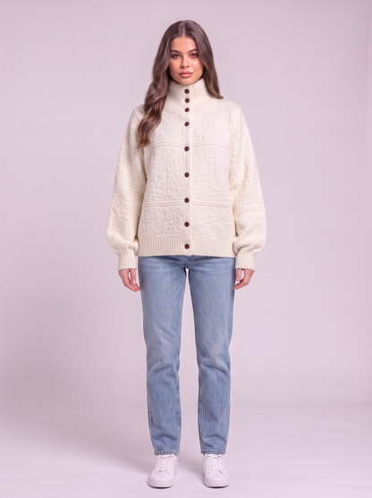 Half-Turtleneck Button Knit Cardigan - Off White