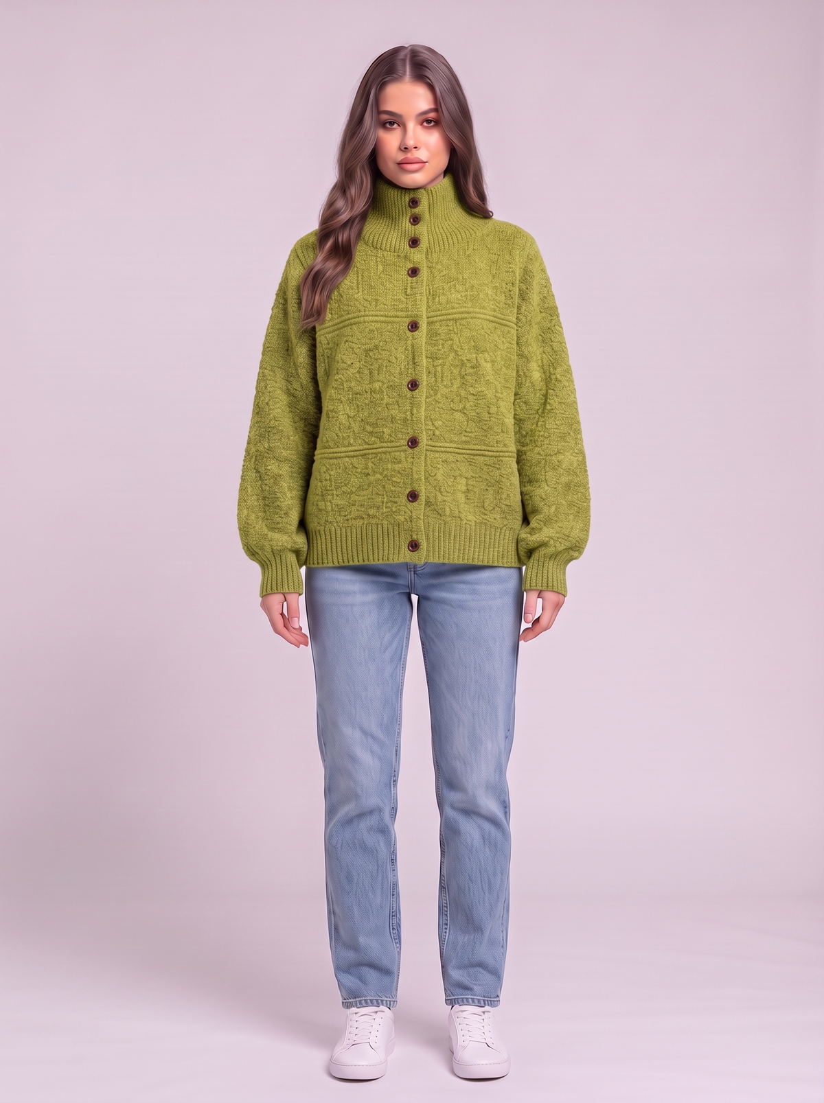 Half-Turtleneck Button Knit Cardigan - Green
