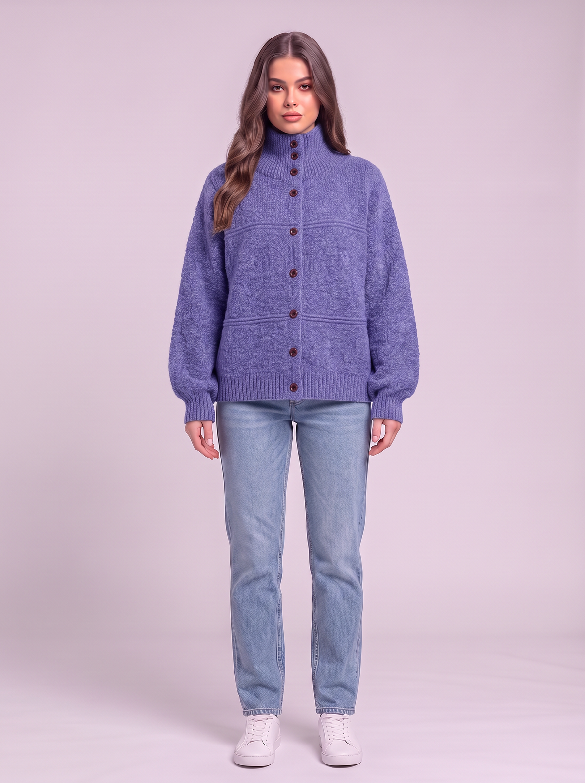 Half-Turtleneck Button Knit Cardigan - Purple