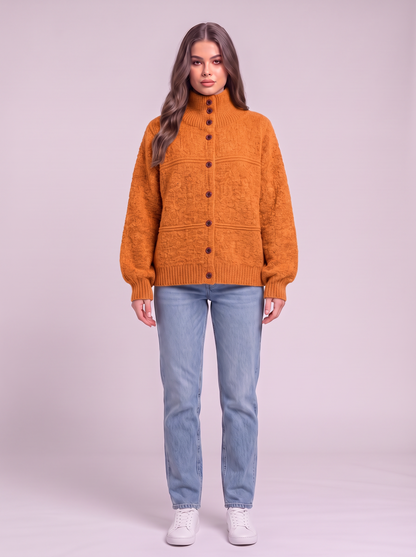 Half-Turtleneck Button Knit Cardigan - Orange