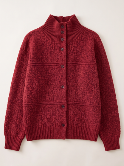 Half-Turtleneck Button Knit Cardigan - Red - flat lay