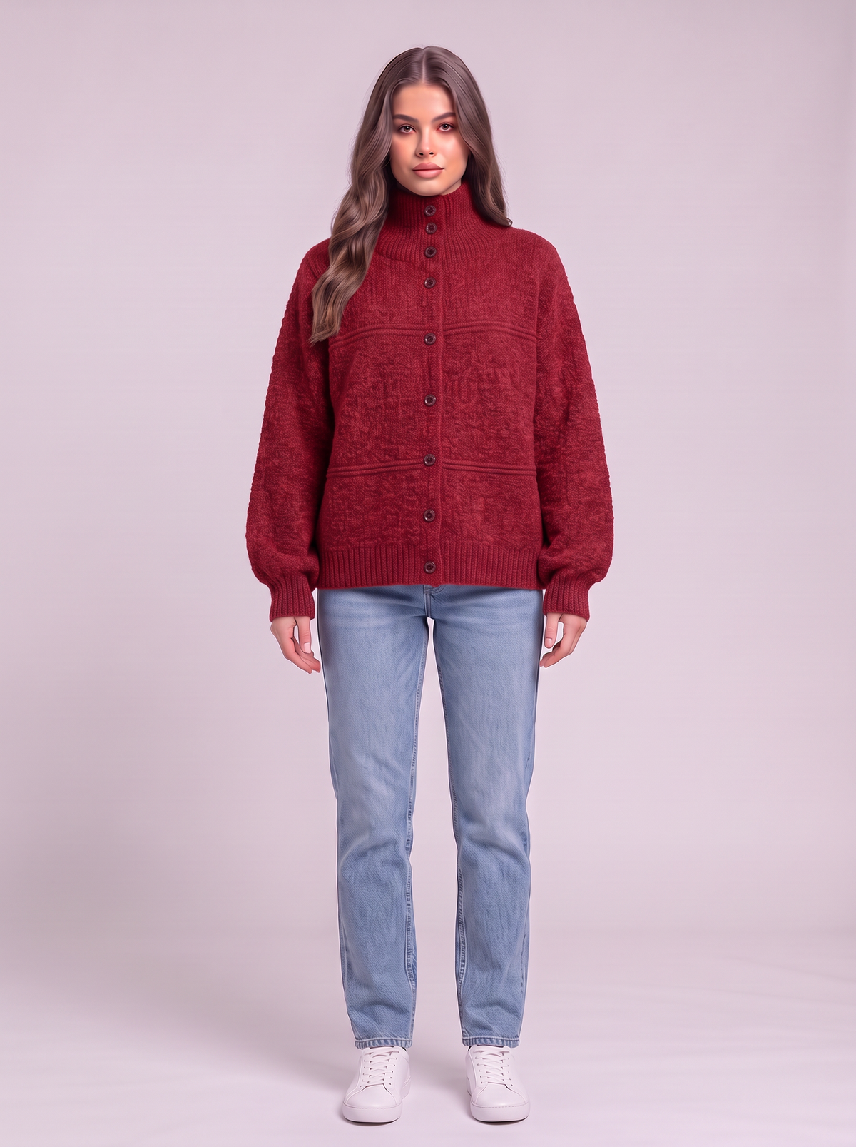 Half-Turtleneck Button Knit Cardigan - Red
