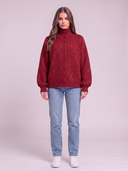 Half-Turtleneck Button Knit Cardigan - Red