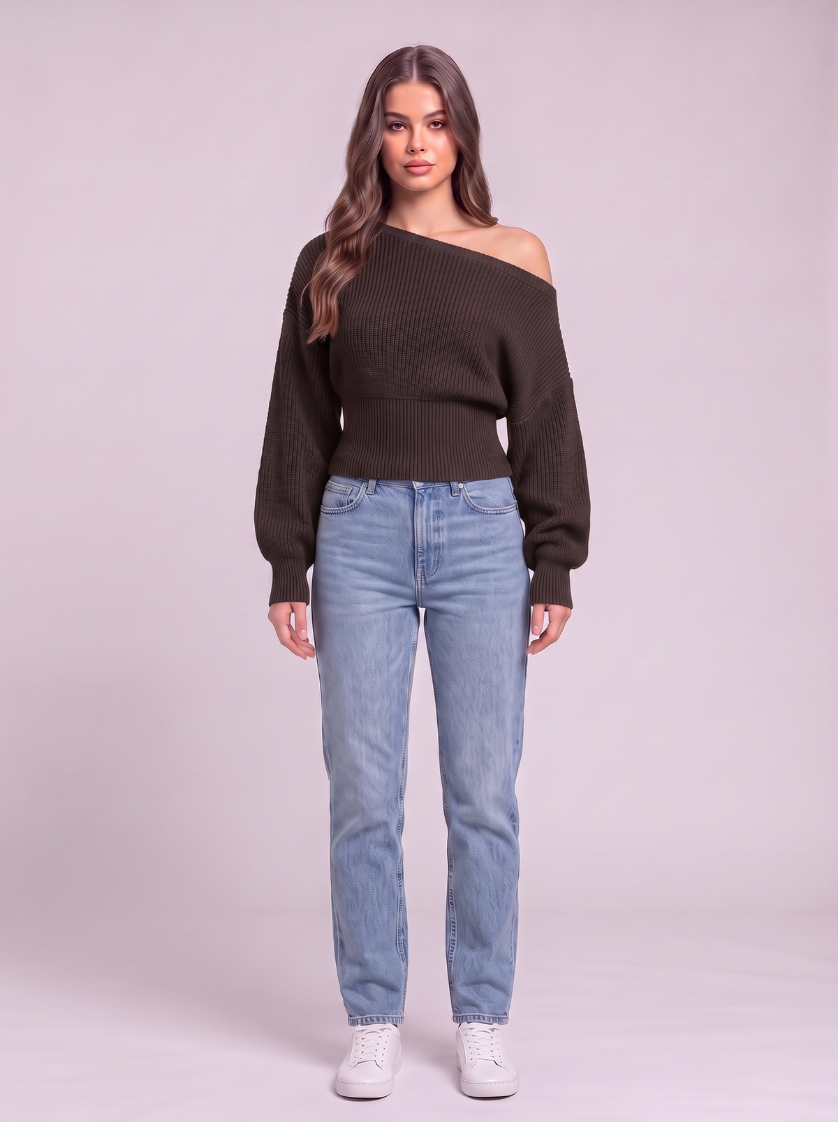 Off-the-Shoulder Cropped Rib Sweater - Brown