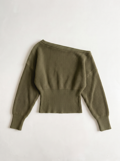 Off-the-Shoulder Cropped Rib Sweater - Olive Green - flat lay