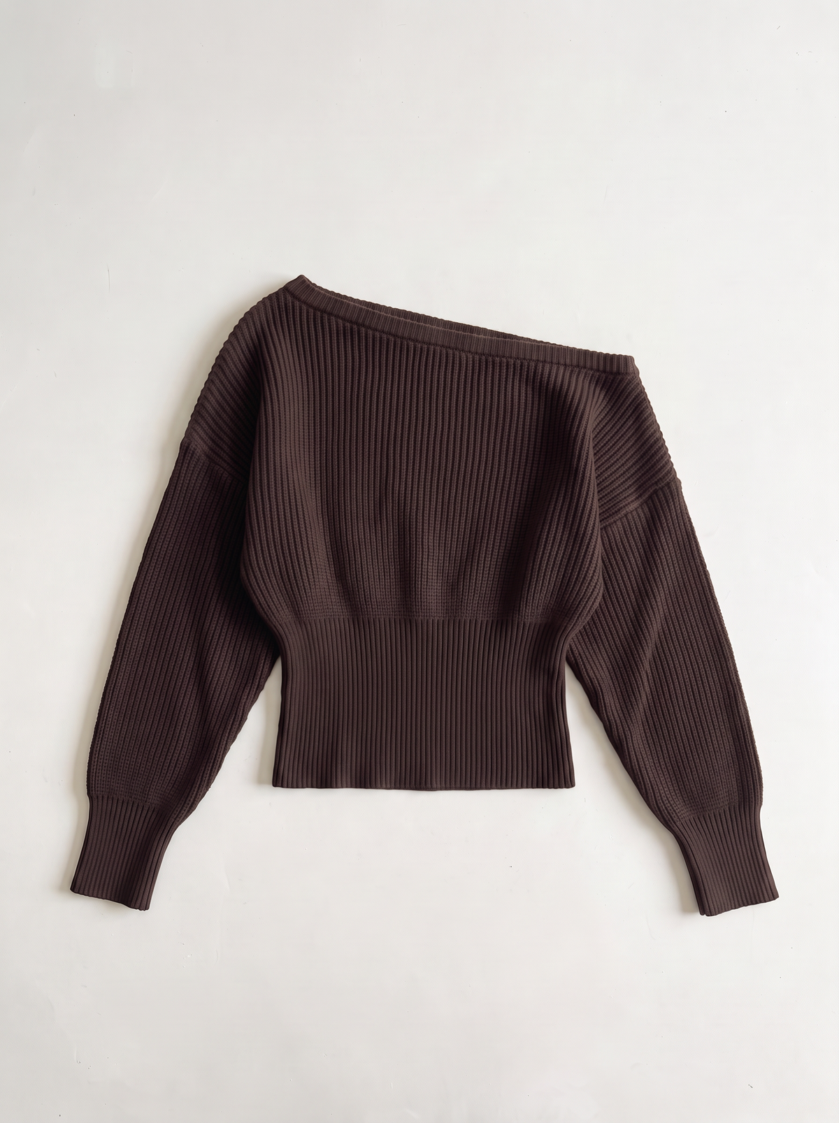Off-the-Shoulder Cropped Rib Sweater - Brown - flat lay