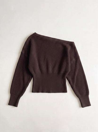 Off-the-Shoulder Cropped Rib Sweater - Brown - flat lay