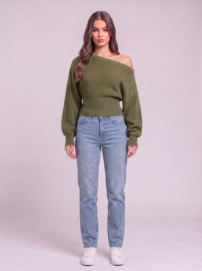 Off-the-Shoulder Cropped Rib Sweater - Olive Green