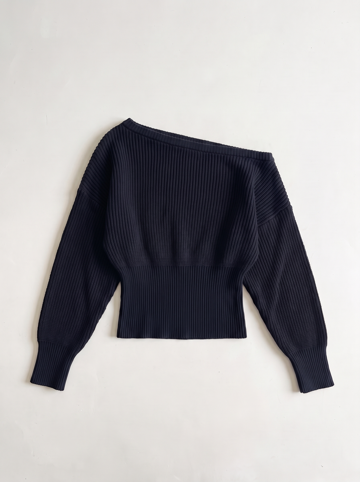 Off-the-Shoulder Cropped Rib Sweater - Navy - flat lay