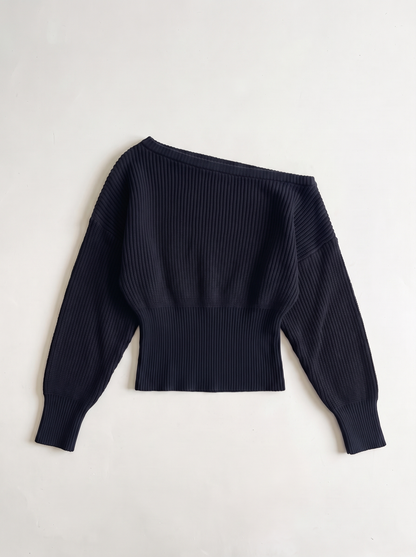 Off-the-Shoulder Cropped Rib Sweater - Navy - flat lay