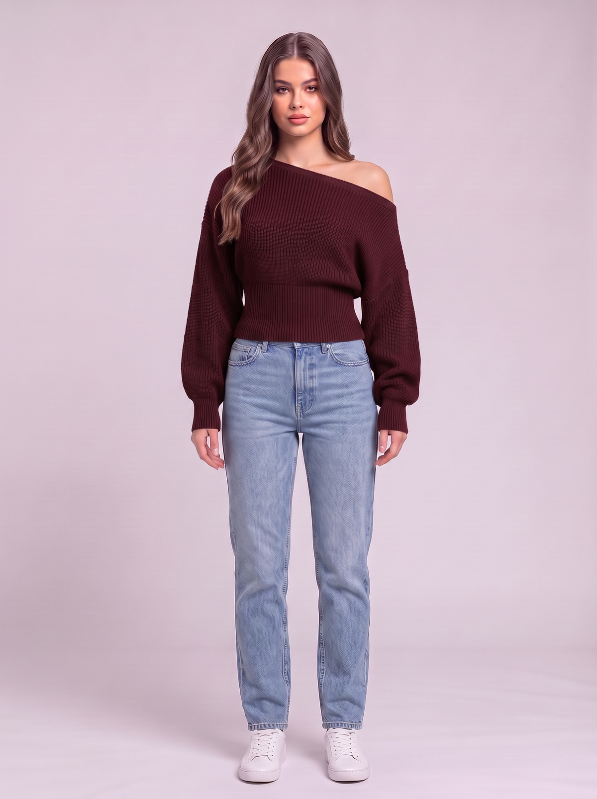 Off-the-Shoulder Cropped Rib Sweater - Wine Red