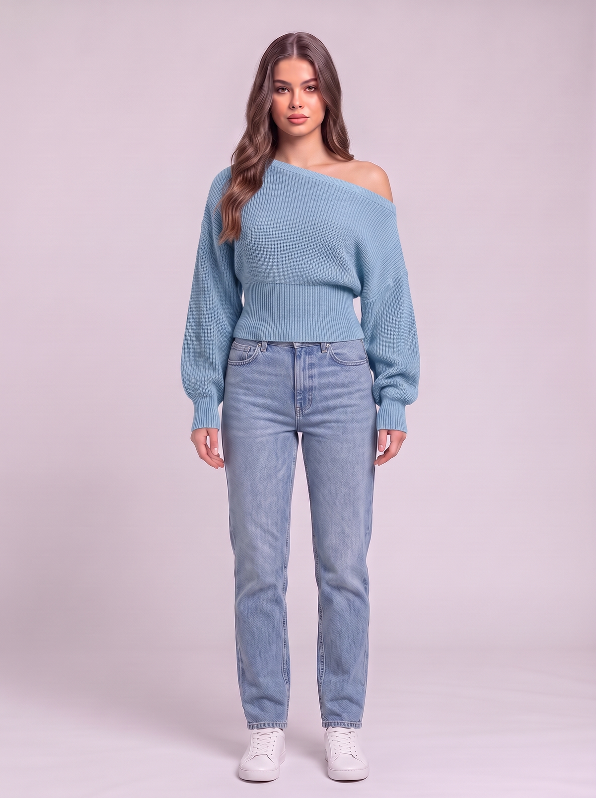 Off-the-Shoulder Cropped Rib Sweater - Sky Blue