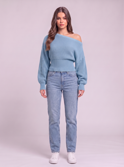 Off-the-Shoulder Cropped Rib Sweater - Sky Blue