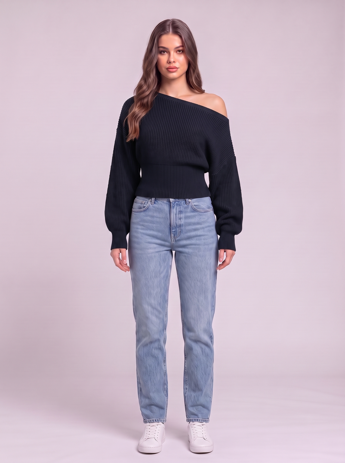 Off-the-Shoulder Cropped Rib Sweater - Navy