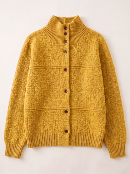 Half-Turtleneck Button Knit Cardigan - Yellow - flat lay
