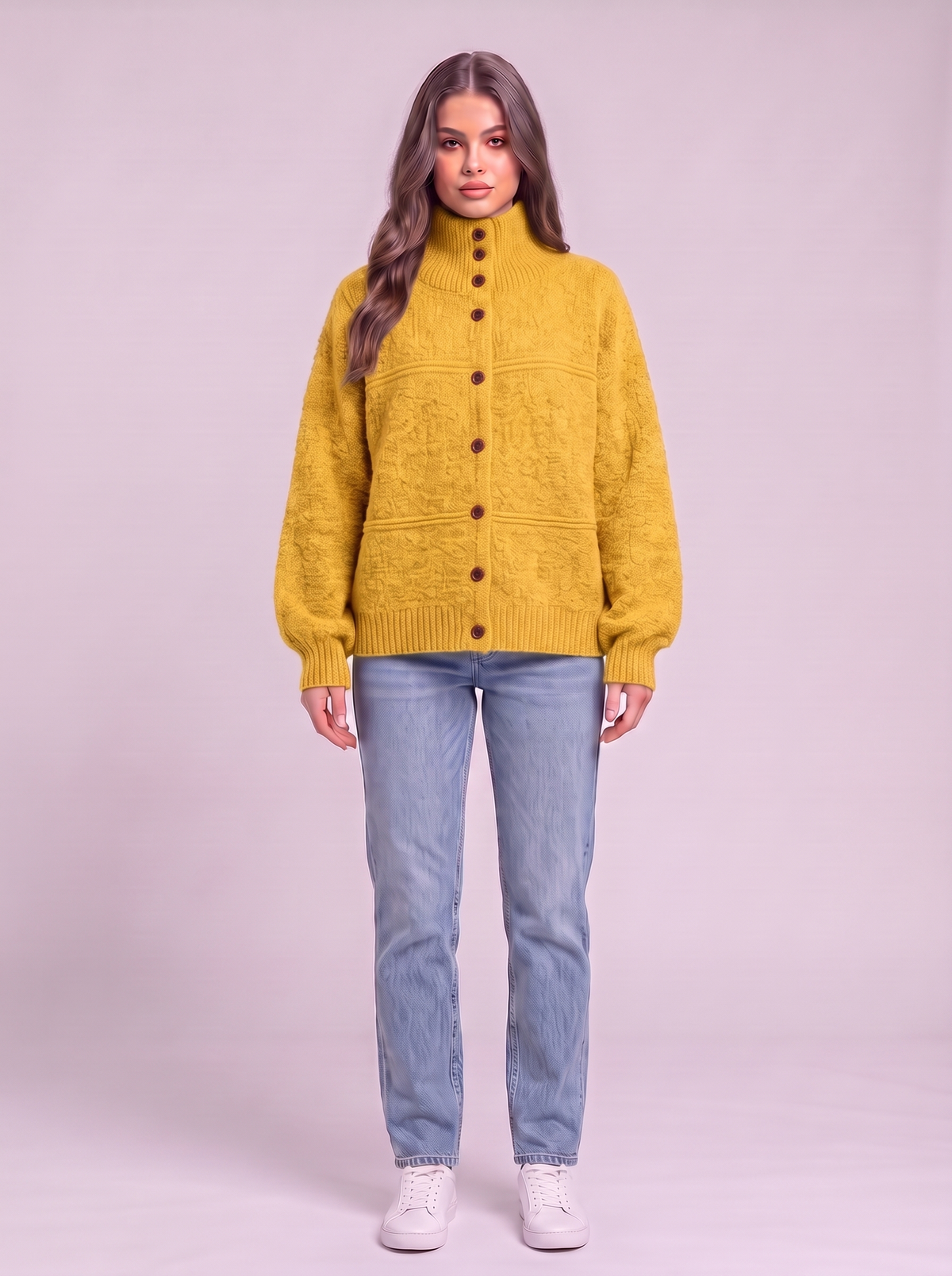 Half-Turtleneck Button Knit Cardigan - Yellow