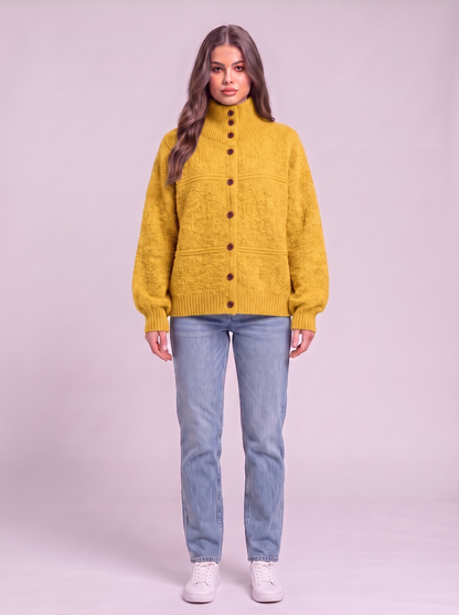 Half-Turtleneck Button Knit Cardigan - Yellow