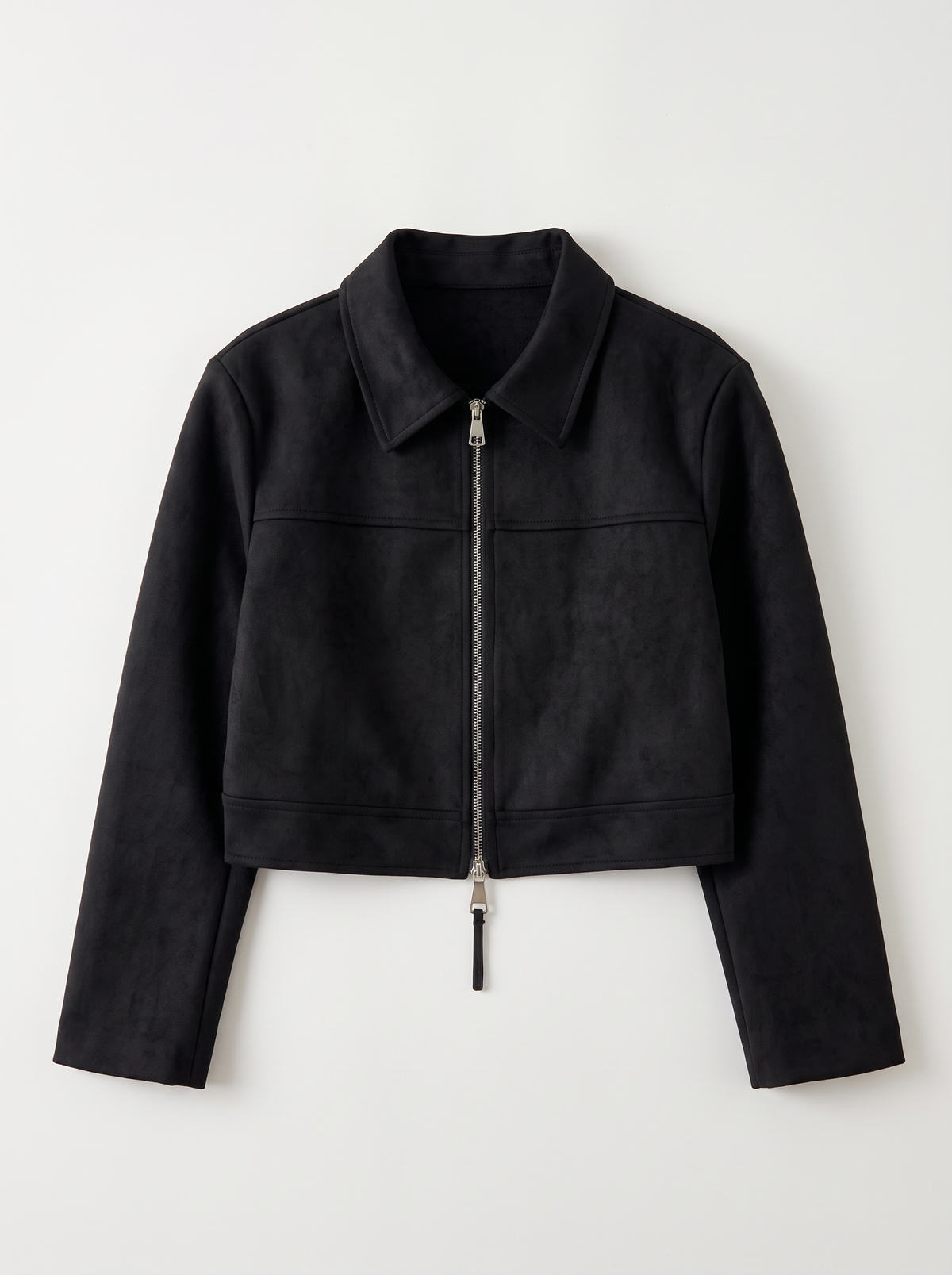 Cropped Faux Suede Zip Jacket - Black - flat lay