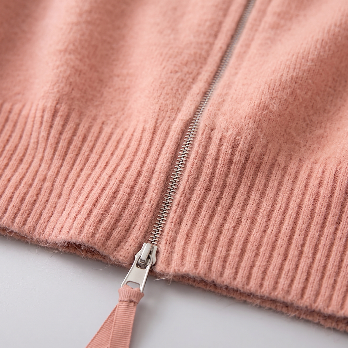 Hooded Knit Zip Up Cardigan - Pink - close-up