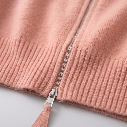 Hooded Knit Zip Up Cardigan - Pink - close-up