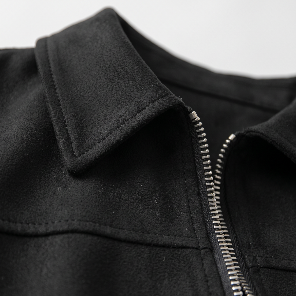 Cropped Faux Suede Zip Jacket - Black - close-up