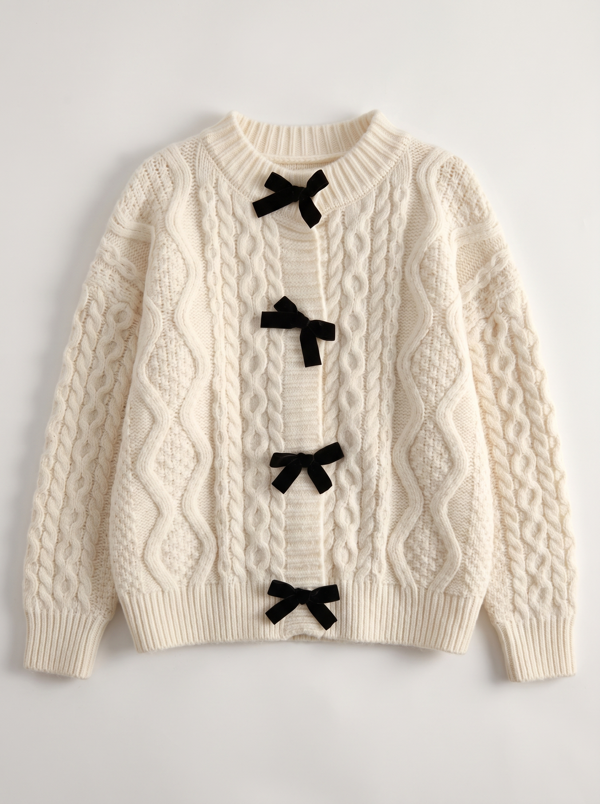 Bow Tie Cable Knit Cardigan - Off White - flat lay