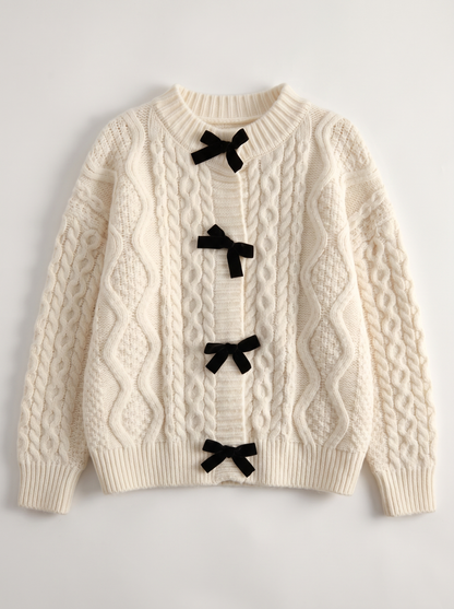 Bow Tie Cable Knit Cardigan - Off White - flat lay