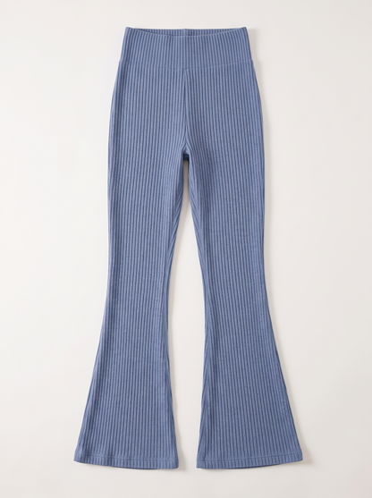 High Waist Ribbed Flare Pants - Dusty Blue - flat lay