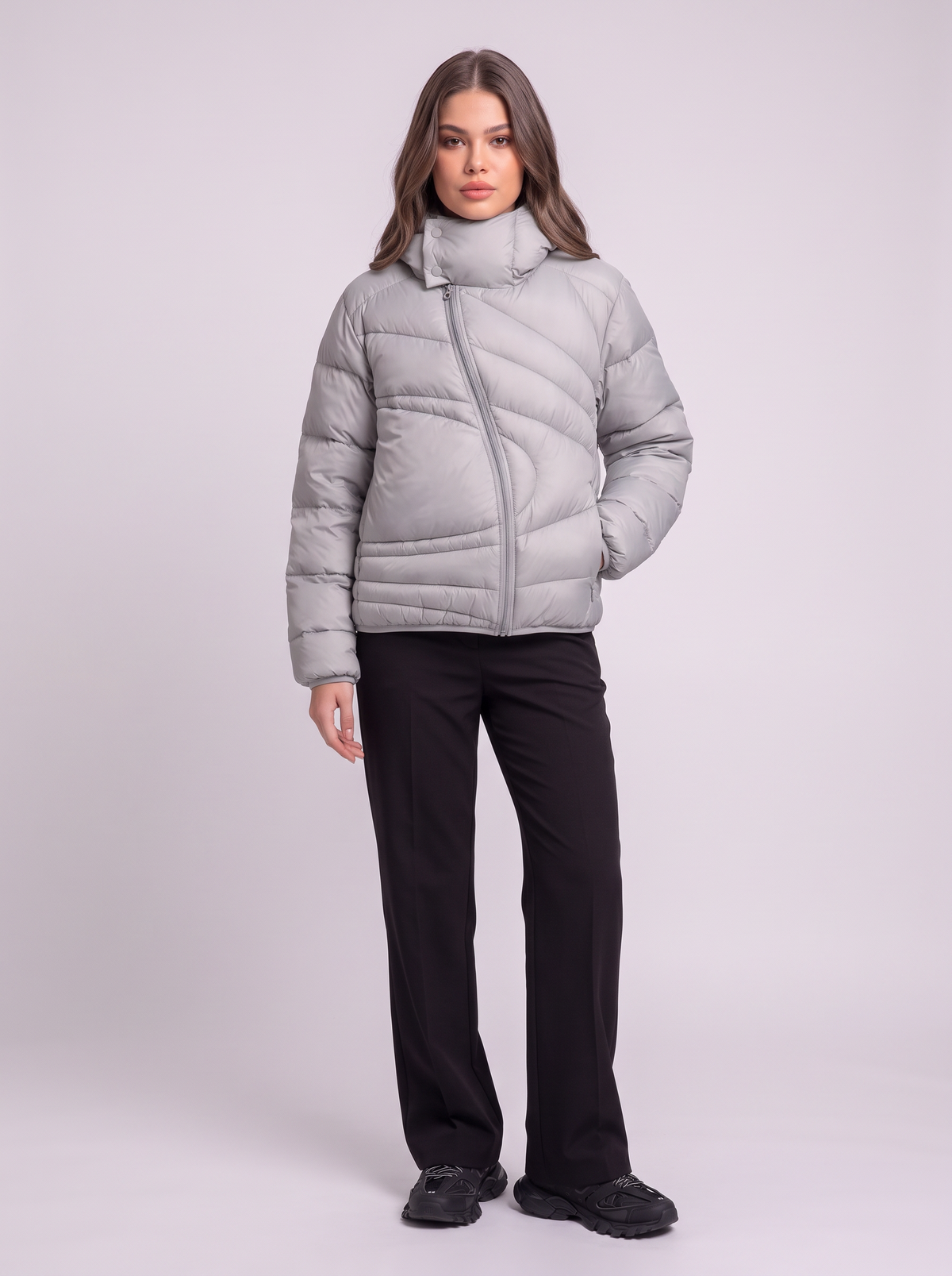 Asymmetric Zip Hooded Puffer Jacket - Gray