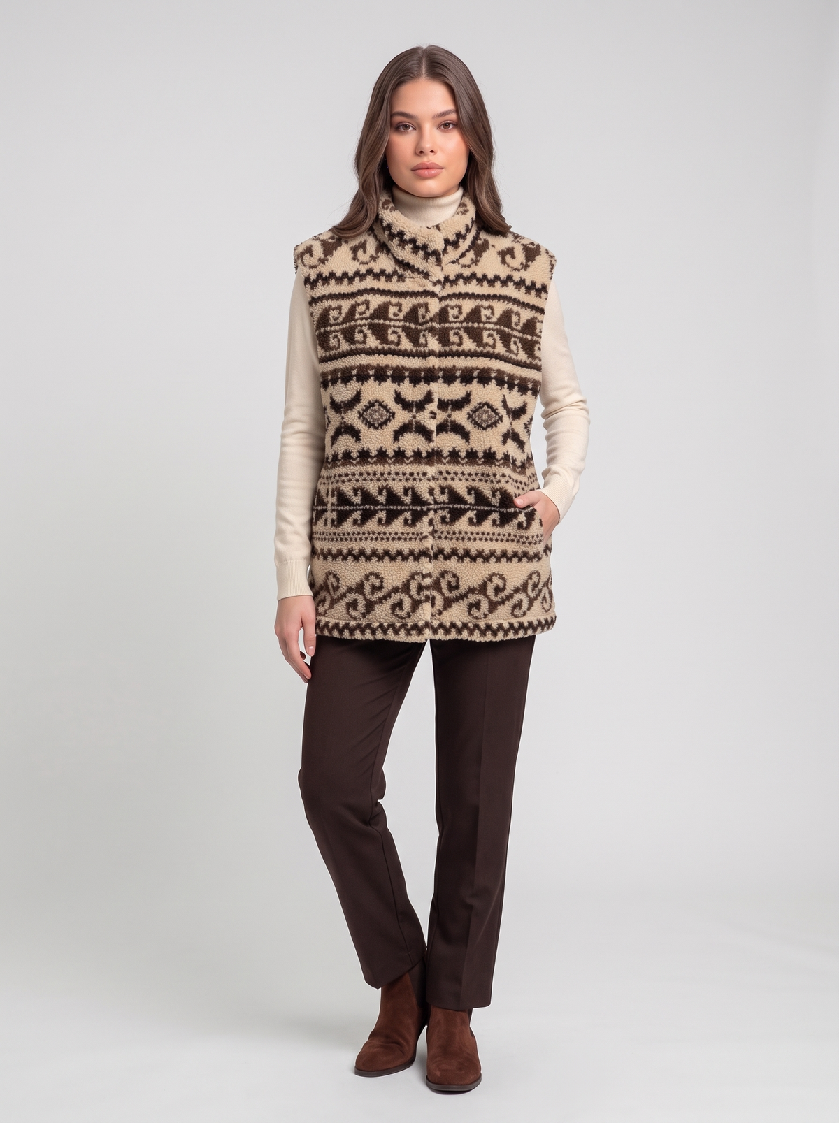 Jacquard Sherpa Fleece Vest - Caramel
