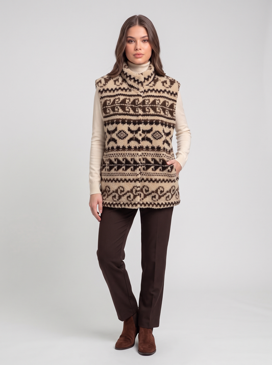 Jacquard Sherpa Fleece Vest - Caramel