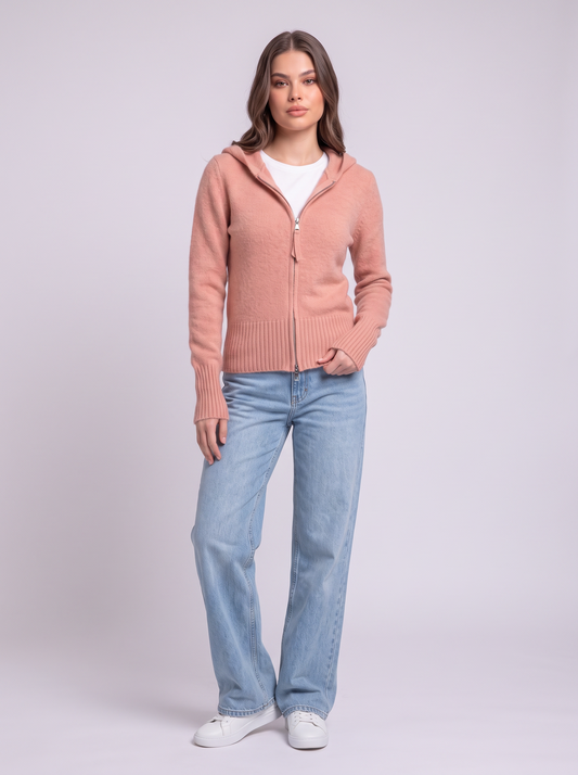 Hooded Knit Zip Up Cardigan - Pink
