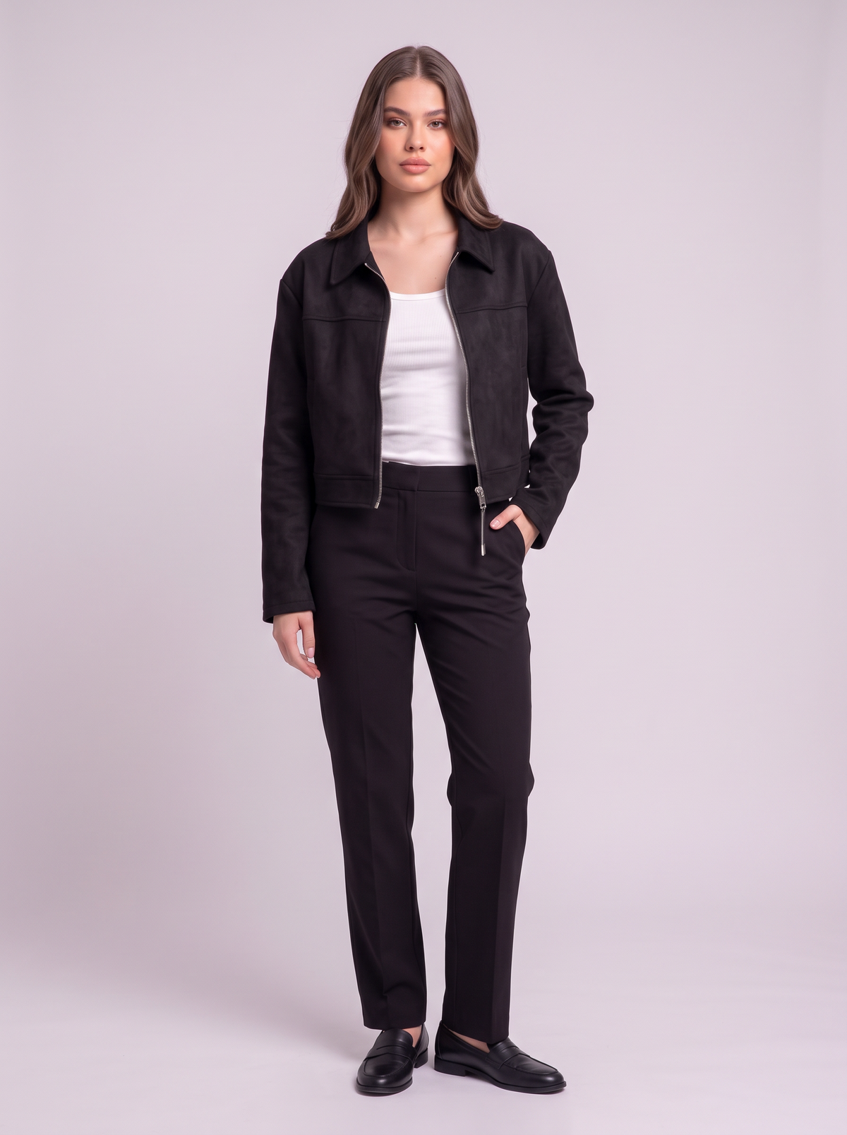 Cropped Faux Suede Zip Jacket - Black