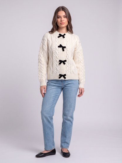 Bow Tie Cable Knit Cardigan - Off White