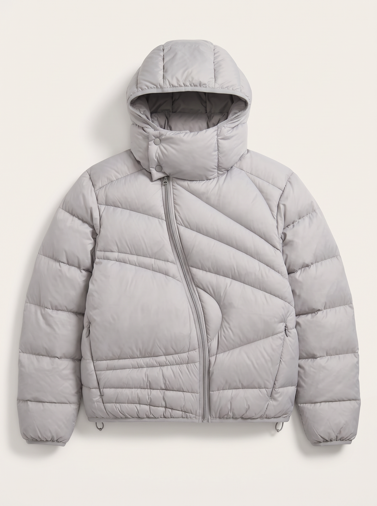 Asymmetric Zip Hooded Puffer Jacket - Gray - flat lay