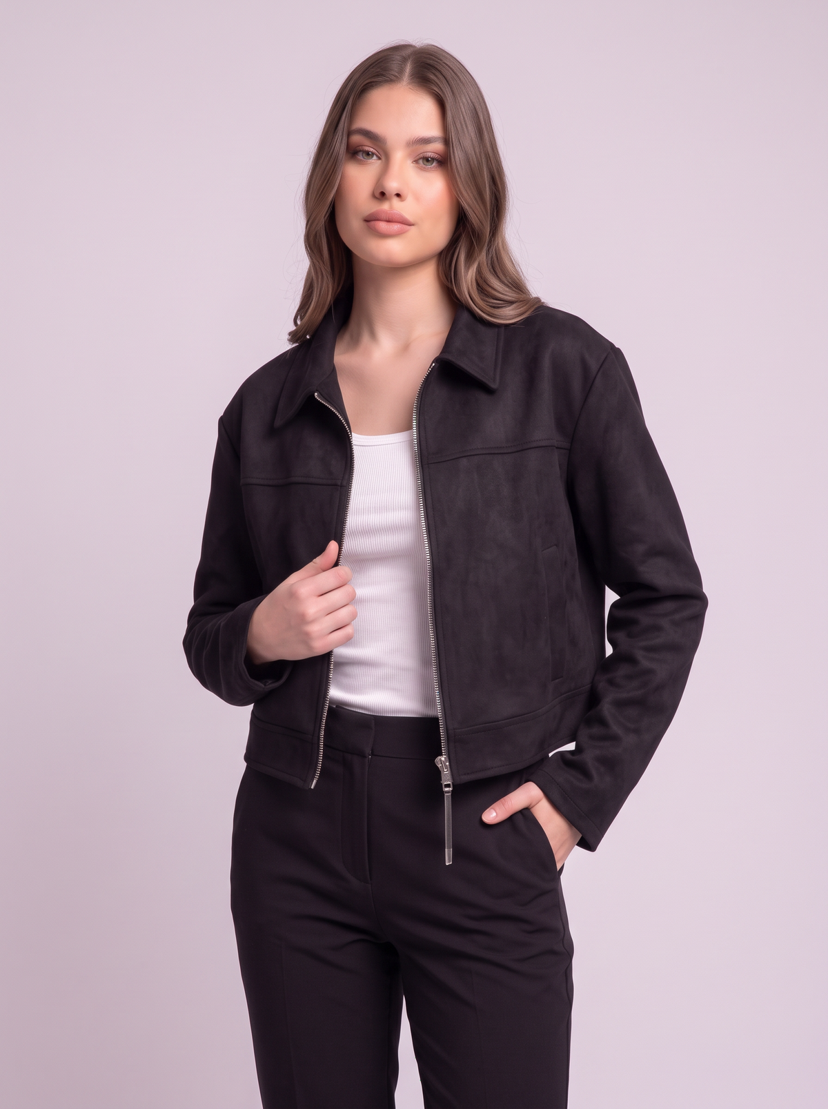 Cropped Faux Suede Zip Jacket - Black - detail