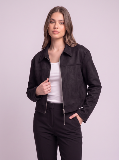 Cropped Faux Suede Zip Jacket - Black - detail
