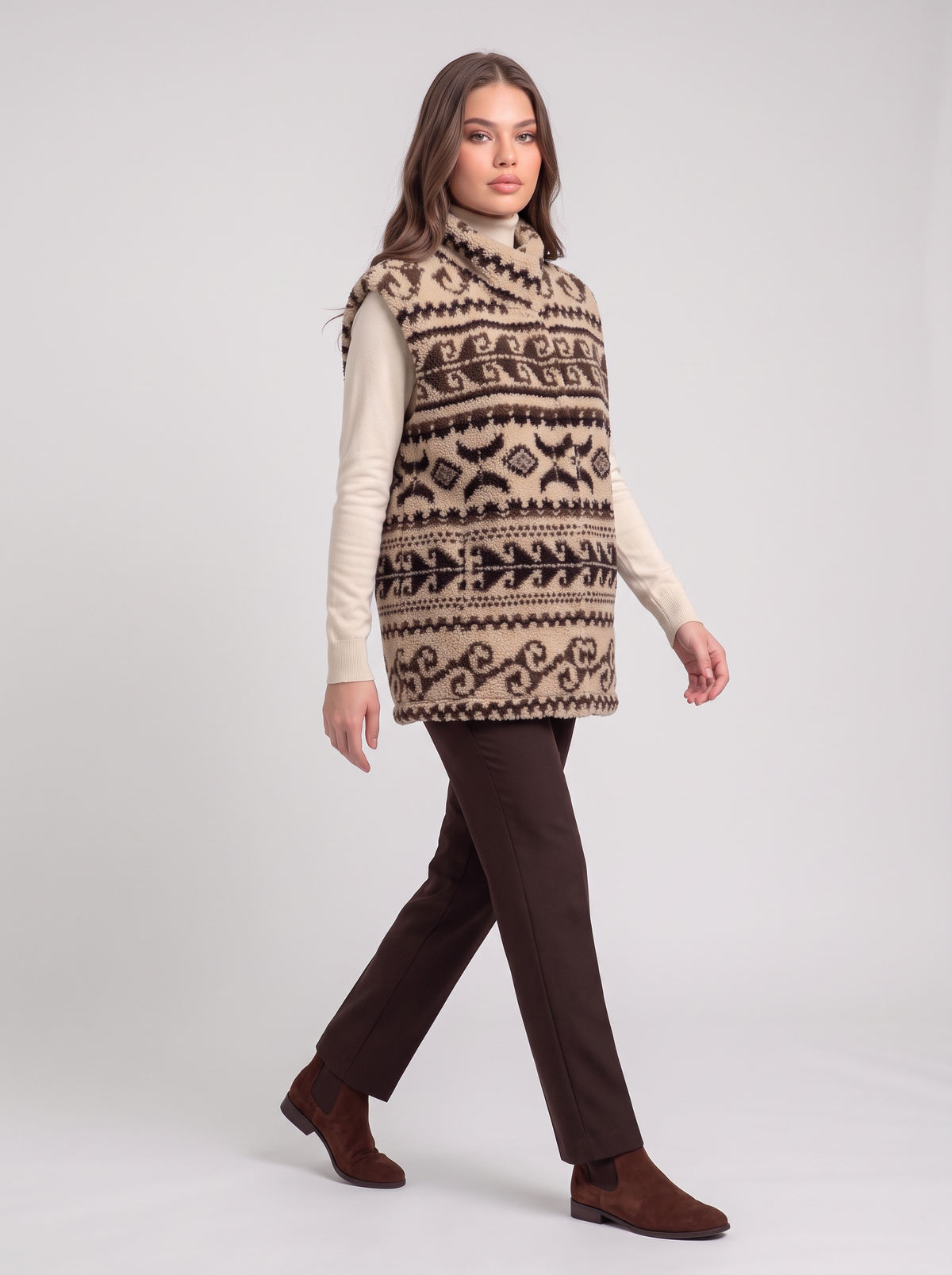 Jacquard Sherpa Fleece Vest - Caramel - side