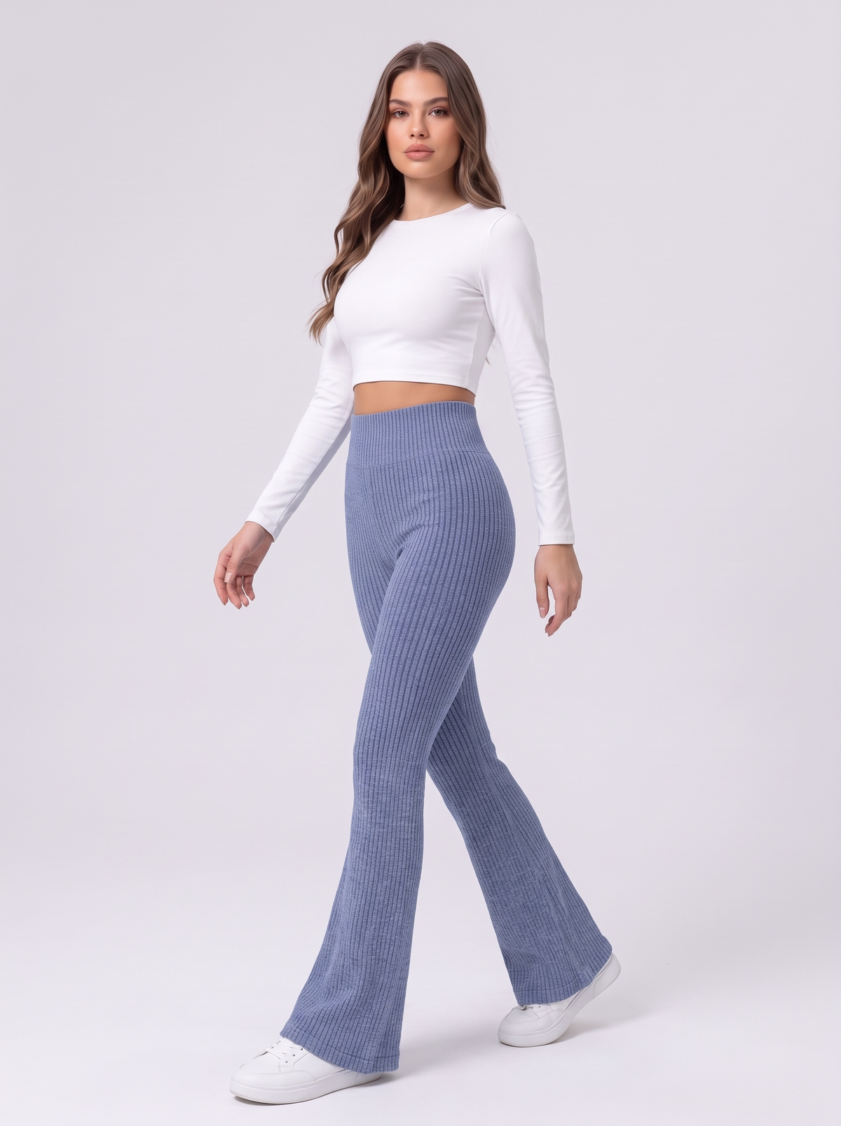 High Waist Ribbed Flare Pants - Dusty Blue - side