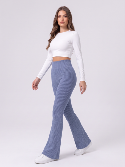 High Waist Ribbed Flare Pants - Dusty Blue - side