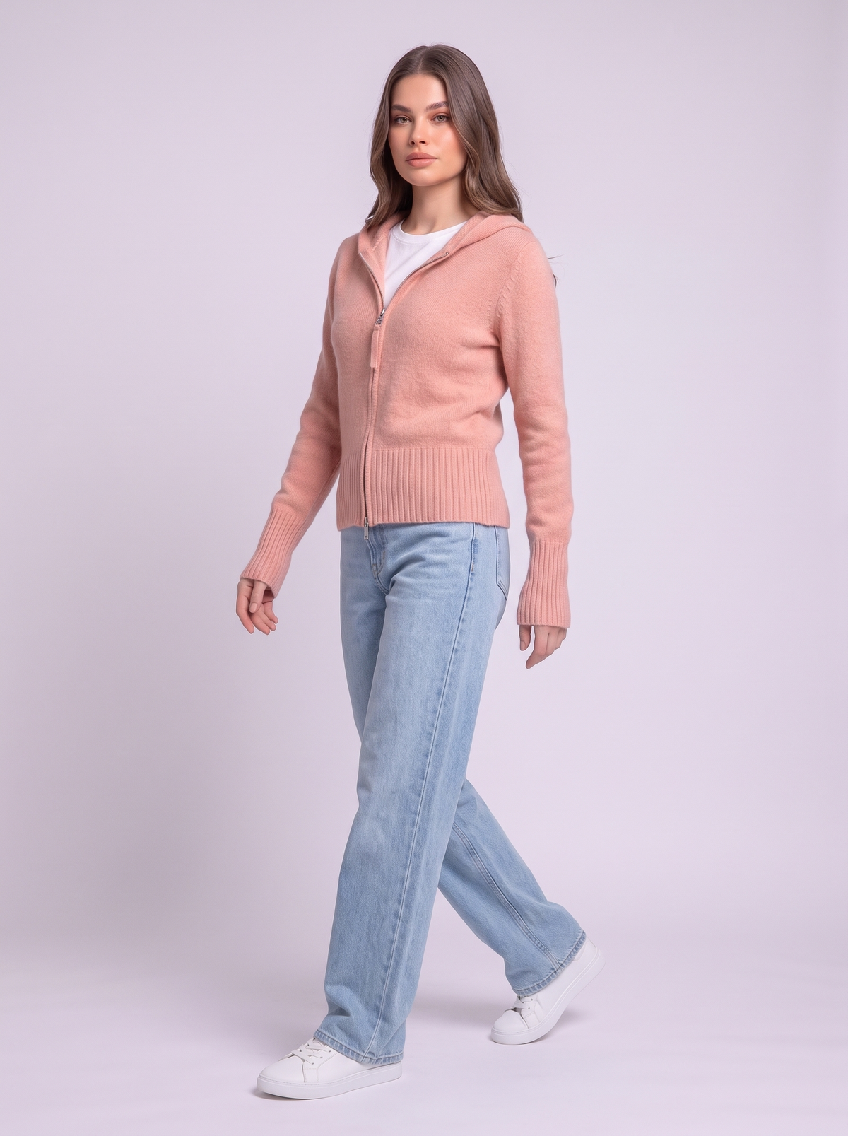 Hooded Knit Zip Up Cardigan - Pink - side