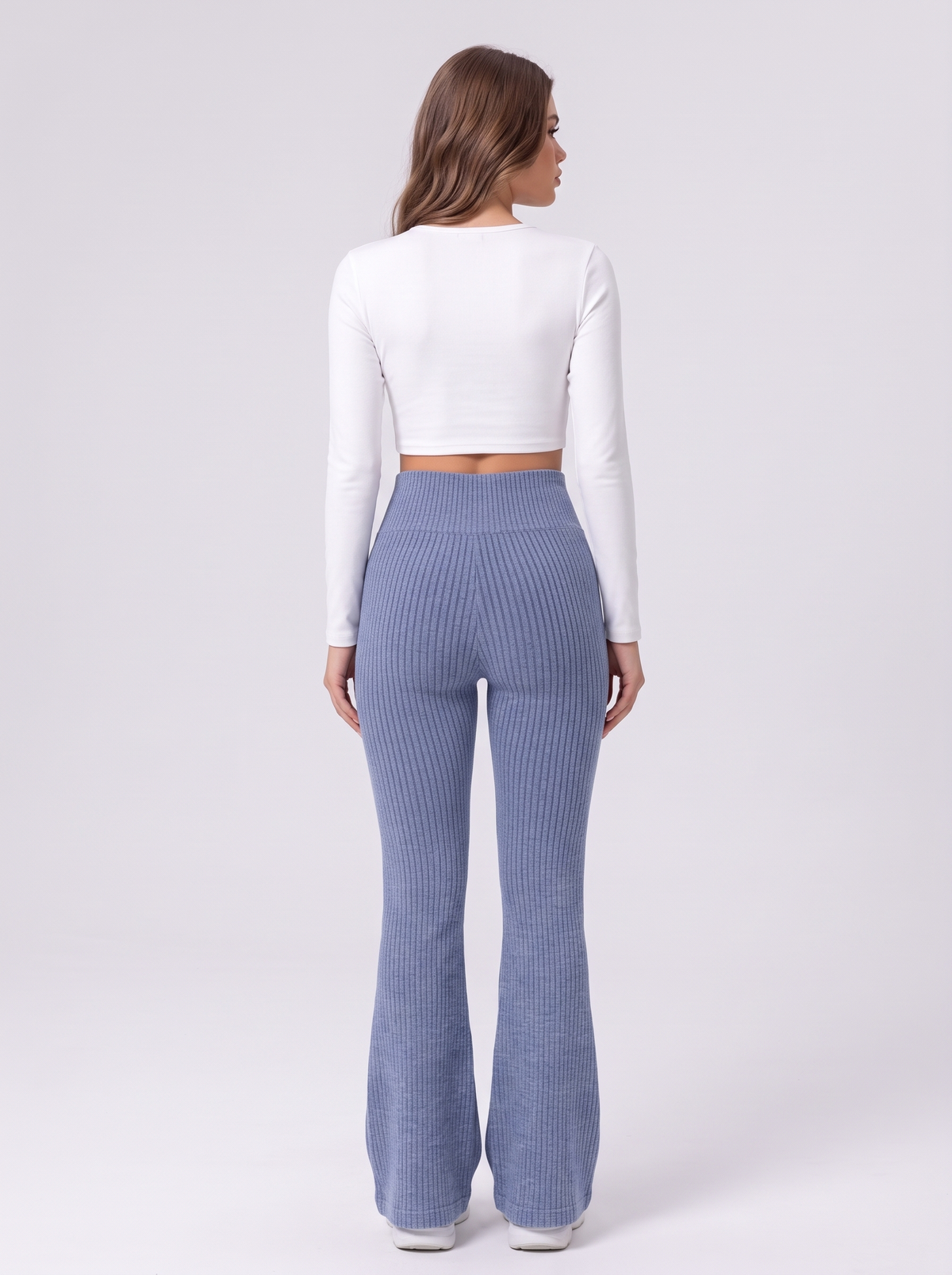High Waist Ribbed Flare Pants - Dusty Blue - back