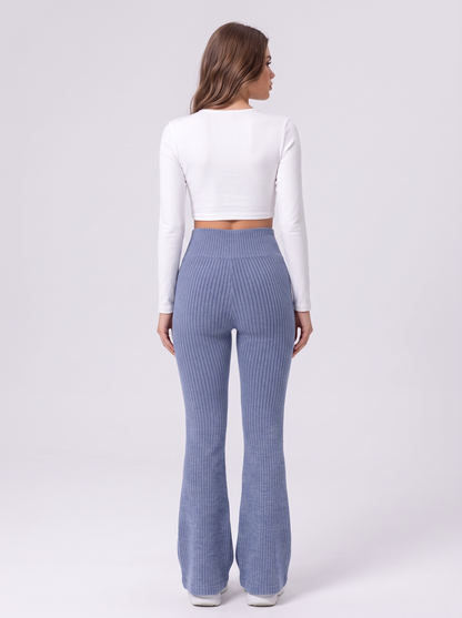 High Waist Ribbed Flare Pants - Dusty Blue - back