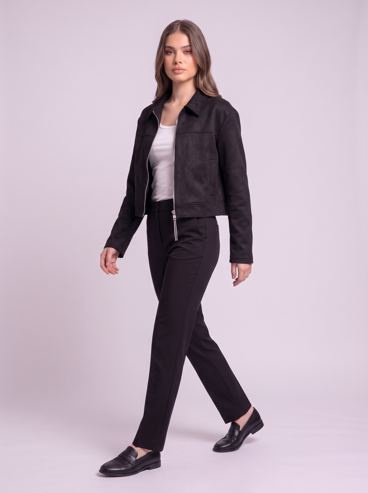 Cropped Faux Suede Zip Jacket - Black - side